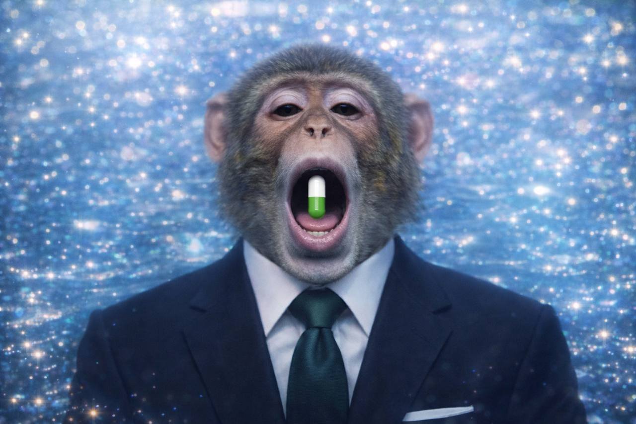 Monkey in a suit with a pill in his mouth against a glittering background